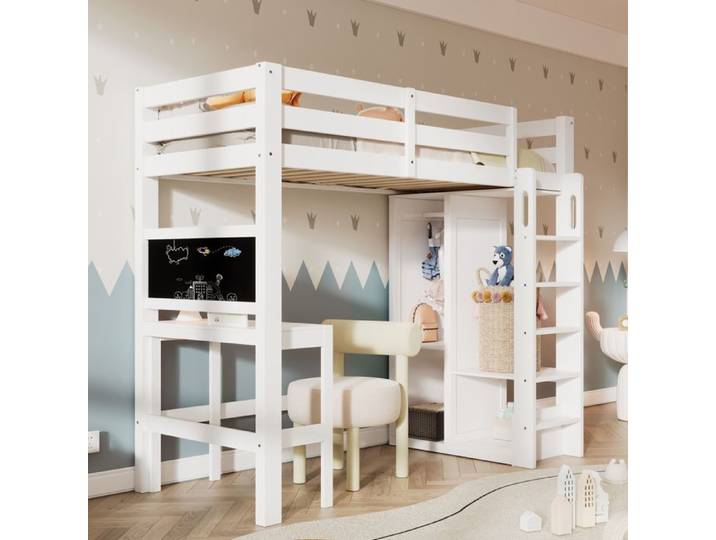 Lit Mezzanine 1 Place avec Bureau lit Mezzanine Enfant avec Armoire ouverte et étagères Lit Superposé Enfant 90x200cm Blanc