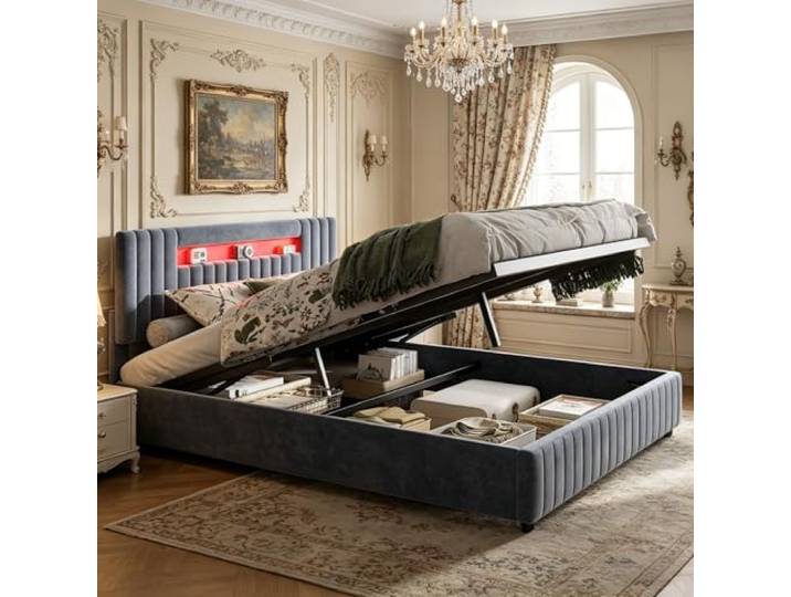 JiaOyu Polsterbett 140x200cm mit USB-Ladeanschlüssen & LED-Beleuchtung, Hydraulisches Stauraumbett für Jugendzimmer, Jugendbett Familienbett mit Kopfteil, Samt, ohne Matratze (140x200cm)