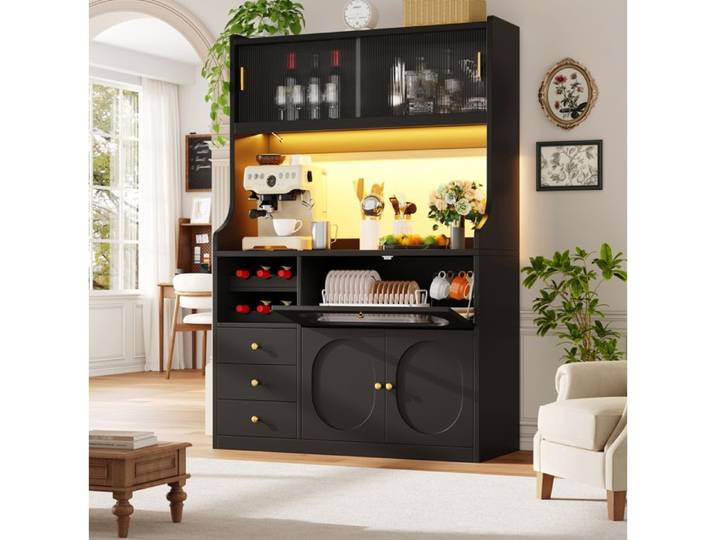 ELVORIN Armoire haute de cuisine 120 cm LED RGB portes vitrées noire