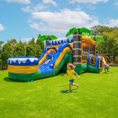 XJUMP Tropical Ocean 26 FT Bounce House Water Slide Combo Inflatable w/Detachable Splash Pool, Basketball Hoop, Includes Blower