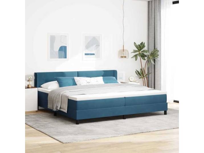 Boxspringbett mit Kopfteil dunkelblau 200 x 200 cm Samt Minimalistisches Design, klare Linien, technisches Holz, massives Kiefernholz, schwarze Beine, atmungsaktives Polyester