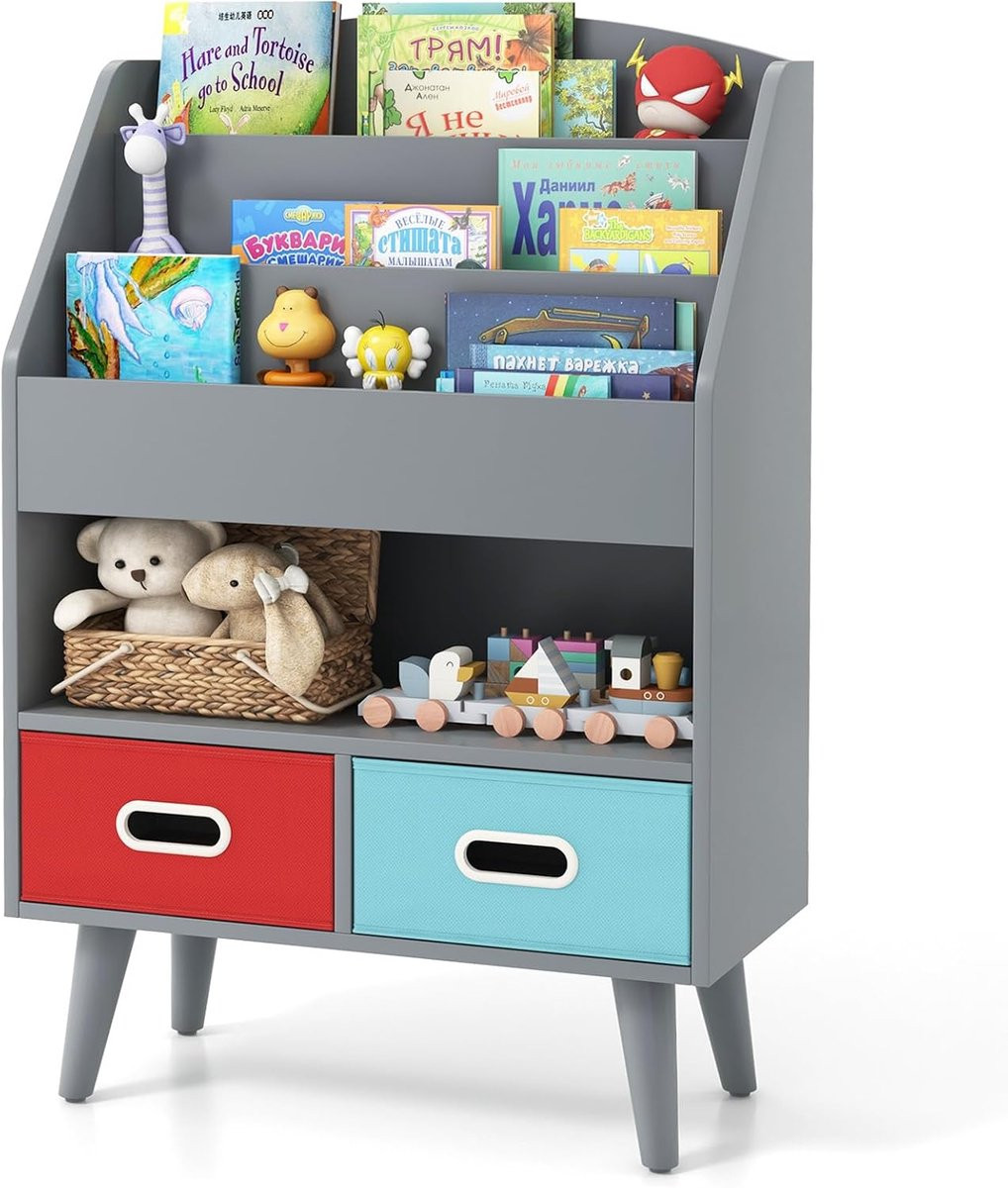 KOMFOTTEU Kinderboekenkast met 3 verdiepingen en 2 opvouwbare laden, grijs