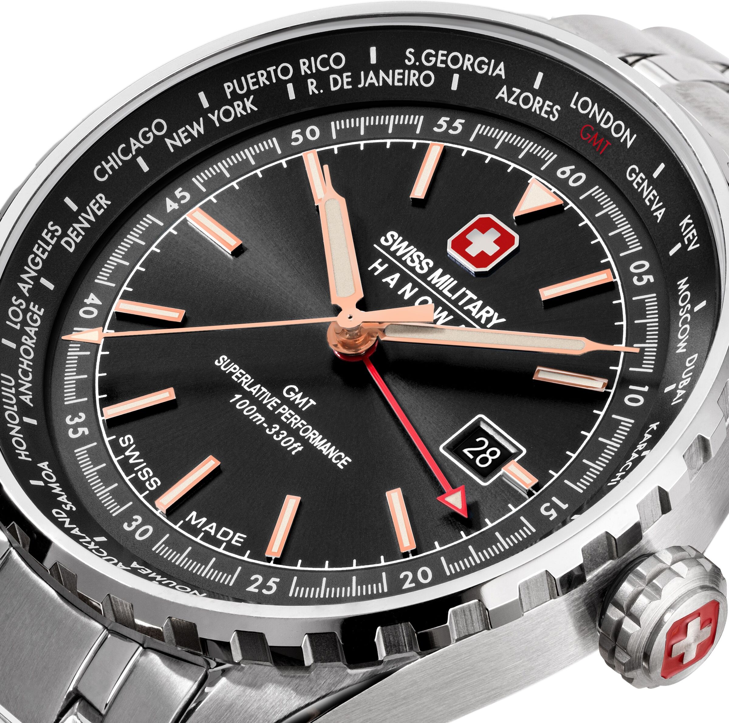 Quarzuhr "Afterburn GMT", schwarz (silberfarben, schwarz, schwarz), SWISS MILITARY HANOWA, Armbanduhren, Herren, silberfarben, Quarzuhr, Armbanduhr, Herrenuhr, Swiss Made, Edelstahlarmband, analog, Tag