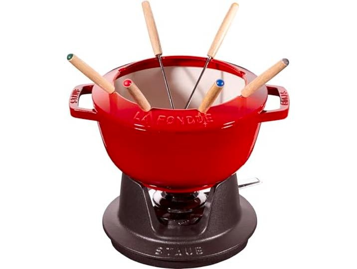 STAUB Fondue Set mit 6 Gabeln, Gusseisen, 20 cm, 2,3 l, Für Käse- Schoko- und Fleisch-Fondue, Made in France, Kirsch-Rot