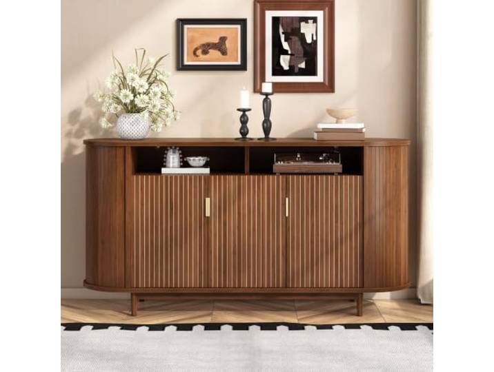 Fiednoy Sideboard Nussbaum mit Schiebetüren und 3 Schubladen Moderner Buffetschrank mit Verstellbaren Einlegeböden und Rillenoptik für Esszimmer und Flur