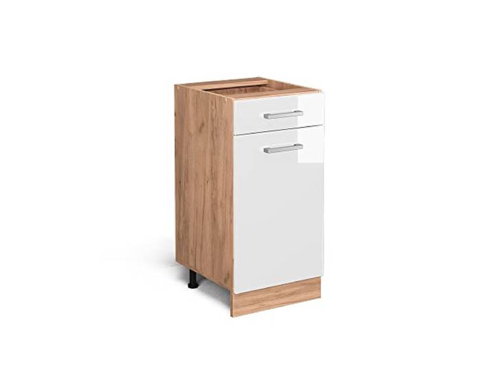 Vicco Küchenunterschrank R-Line , Weiß Hochglanz, 40 cm 1 Schublade · Ohne Arbeitsplatte · Höhenverst. Füße · Leichter Zugriff · Frei kombinierbar