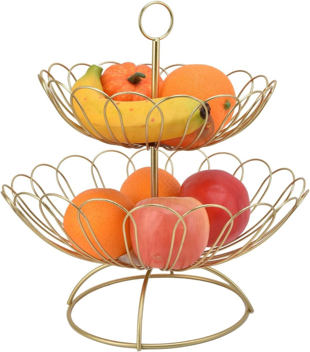 Gouden Fruitmand Fruitschaal met 2 Niveaus en Afneembare Lagen - 32 x 32 cm - Goud