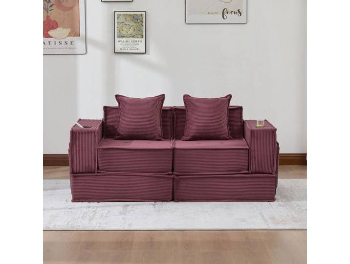 Bladez - Canapé convertible 2 places compressé en velours côtelé avec rangements et porte-gobelets idéal coin détente - Rouge