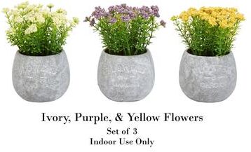 Pure Garden 3-Piece Assorted Lifelike Faux Flower Arrangement - Ivory, Yellow and Purple - Set of 3