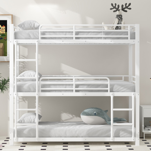 AIORBER Dreifach-Etagenbett, 90x200 cm, mit Leiter, obere Etage mit Geländer, bis 120kg, Stahlrahmen, Hochbett mit Lattenrost, für Jugend Kinder, Weiß