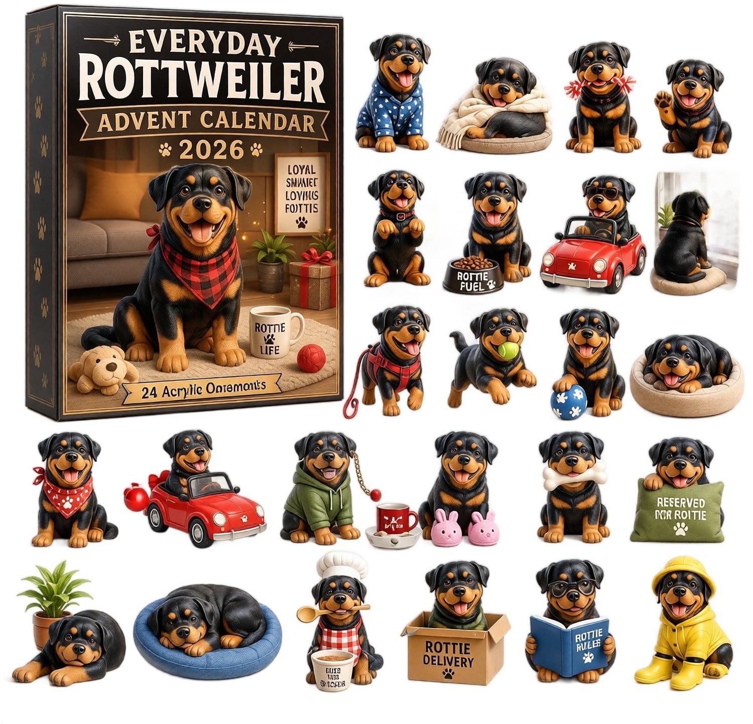 Rottweiler adventskalender 2026 met 24 unieke acrylhangers in puppy-thema voor hondenliefhebbers