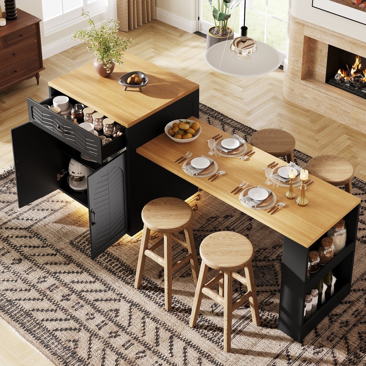Merax Keukeneiland met uitschuifbare tafel, laden en LED-verlichting, zwart