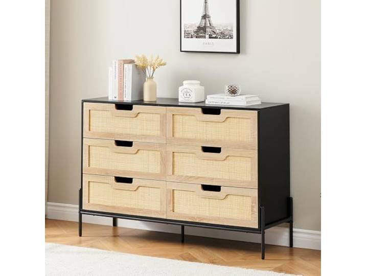 GarveeMore 6-Schubladen Rattan-Kommode aus Naturfaser – Landhaus-Kommode mit Holzoptik & stabilen Metallbeinen für Schlafzimmer, Wohnzimmer, Flur – Farbe: Schwarz+Eiche