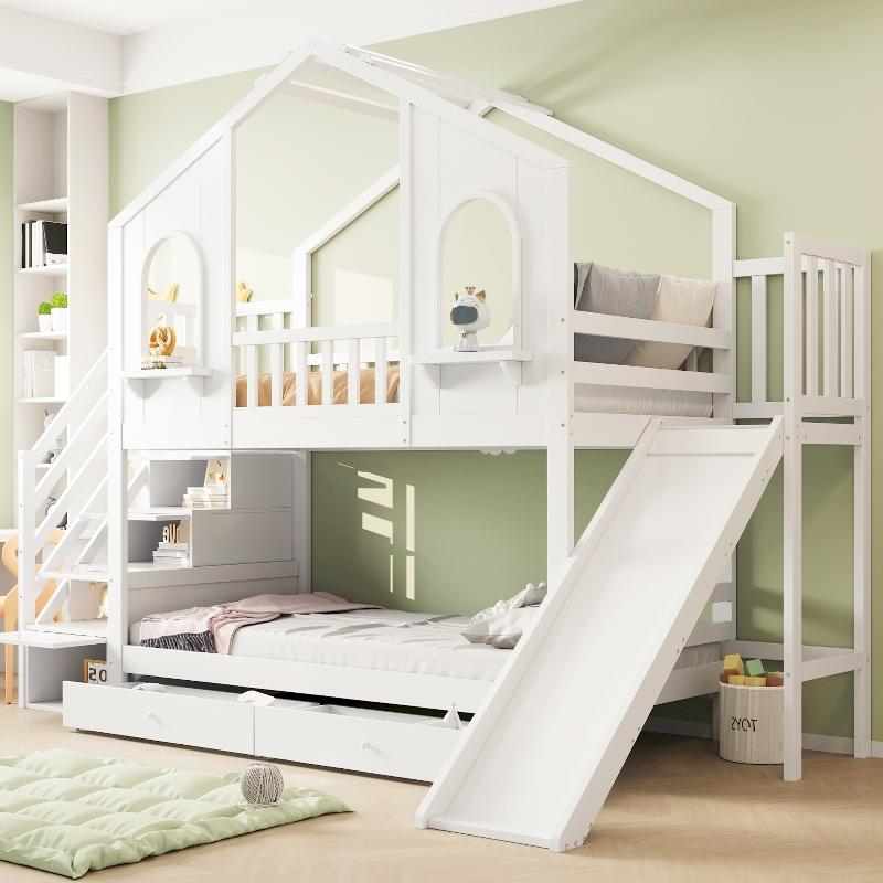 Kinder-Etagenbett 90x200cm, hausförmiges Etagenbett mit Bogenfenstern, Rutsche, Aufbewahrungsleiter und 2 Schubladen, Weiß