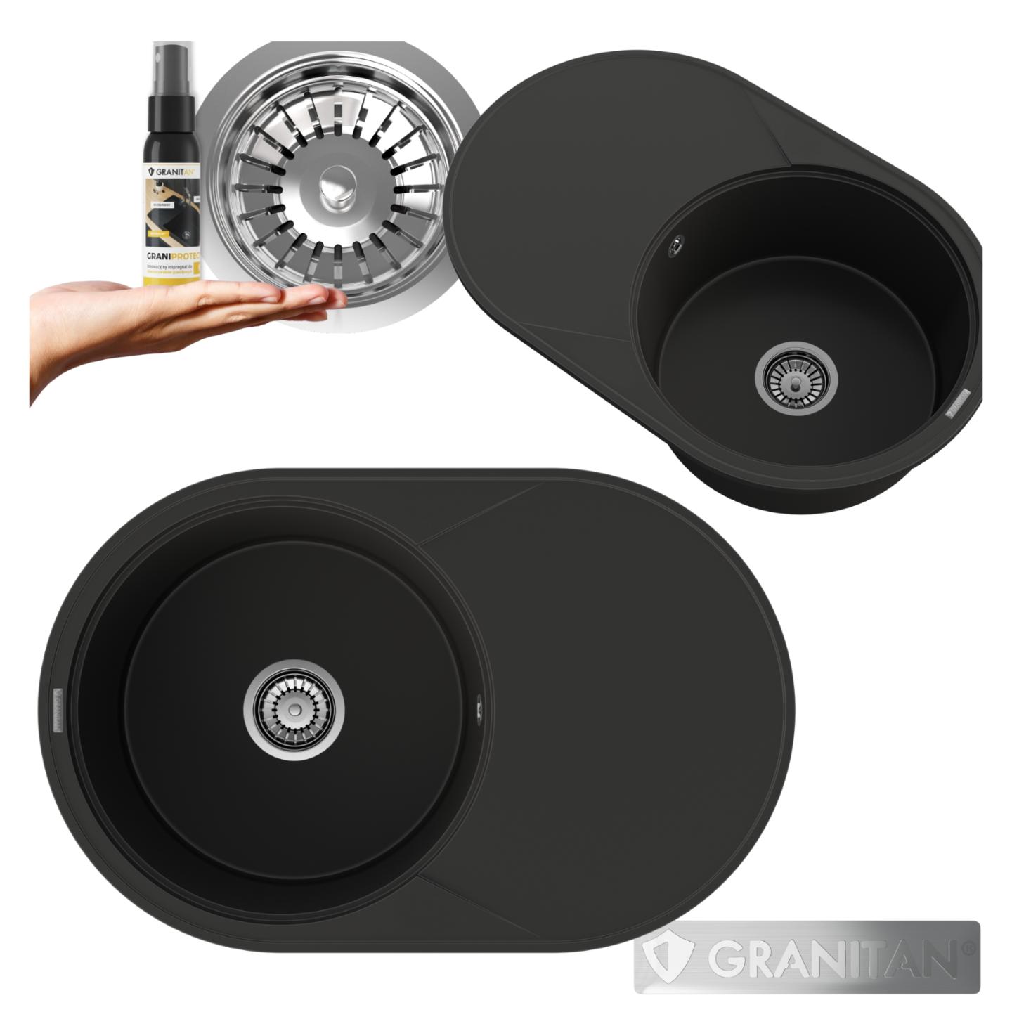 Granitan - Granitspüle - Küchenspüle - Schwarz Metallic - mit Siphon - rund - Spülbecken - SAVIO
