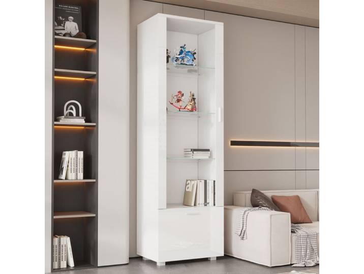 Vitrine meuble rangement blanche brillante 50 x 40 x 160 cm LED télécommandée porte acrylique tiroir ORVRYN