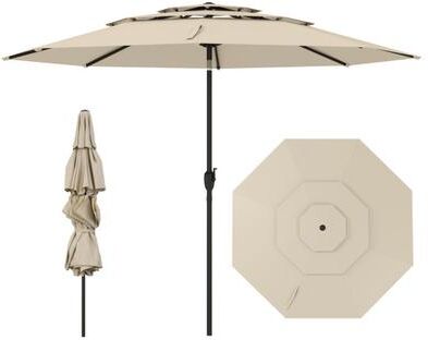 Costway 10 ft 3-tier Vented Patio Umbrella with Push Button Tilt-Beige