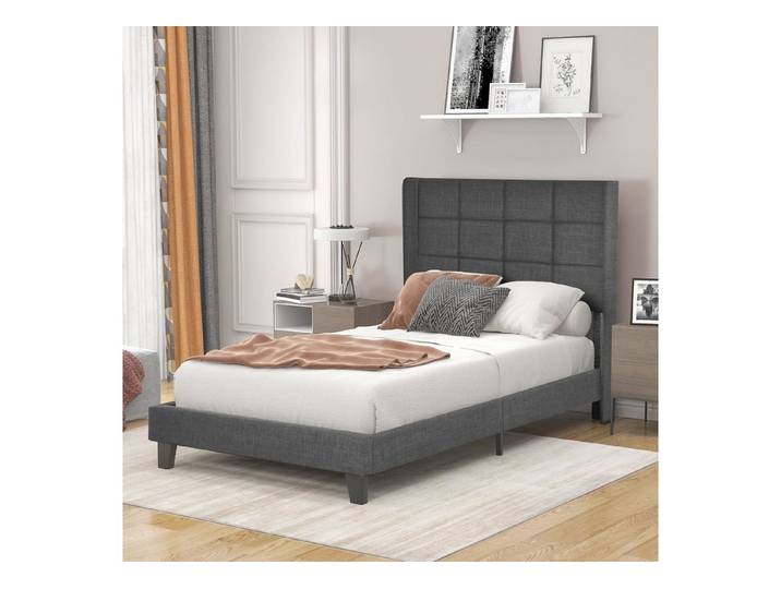 Odikalo Polsterbett gepolstert Kopfteil Lattenrost 90/140x200 cm Leinen Einfach Blau/Grau