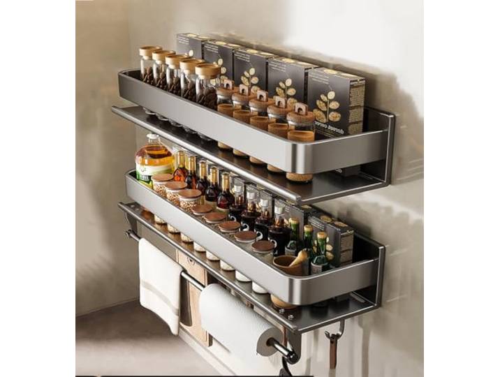 SDFJKHRD Gewürzregal Wand, 2 Stück Gewürzregal, Gewürzregal Hängend Ohne Bohren, Gewürz Organizer Für Küche, Küchenutensilienhalter Für Küche Badezimmer Balkon,Grau,50cmC