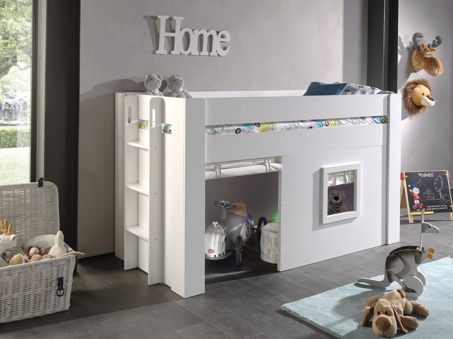 Hochbett Noha MDF Weiß 90x200 cm mit Vorhängen