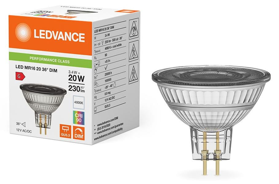 Ledvance LED-reflector 3,4-20W/940, dimbaar, MR16, 12V, GU5.3, 36 graden