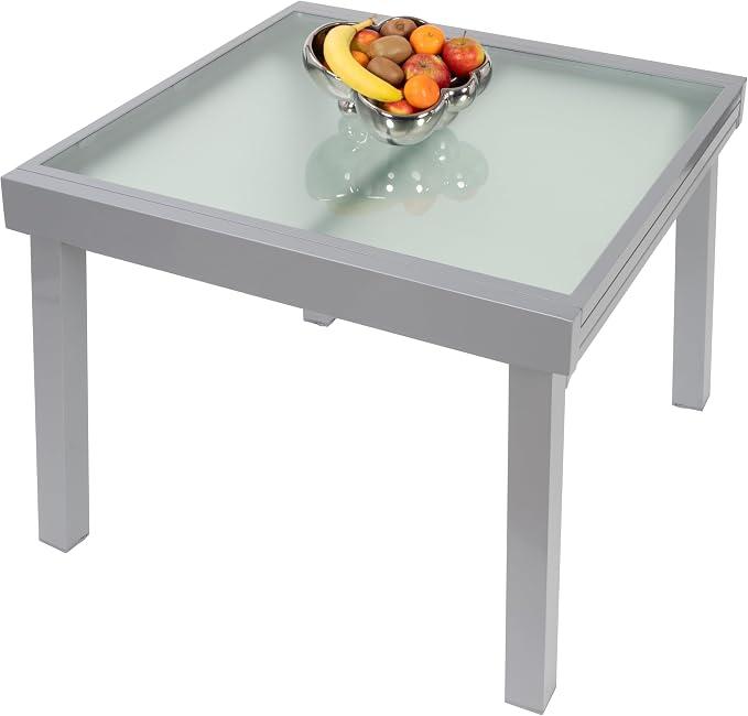 Gartentisch Diplomat, Outdoor Ausziehtisch, Aluminium Esstisch, Balkonmöbel, Gartenmöbel, Tischplatte aus Sicherheits Glas, Ausziehbar, 90-180 cm, Silber