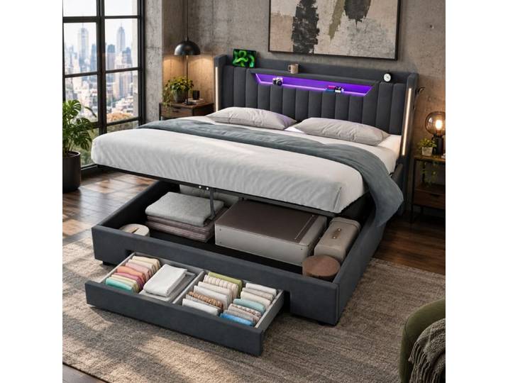 Lit double 160 x 200 cm rembourré en velours gris foncé rangement avec tiroir LED en tête de lit [ULEVR]