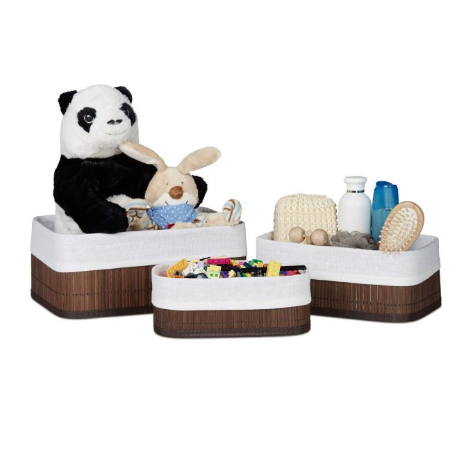 Relaxdays Set van 6 Opbergmanden van Bamboe en Textiel, Bruin, Stapelbaar voor Badkamer, Kinderkamer of Slaapkamer