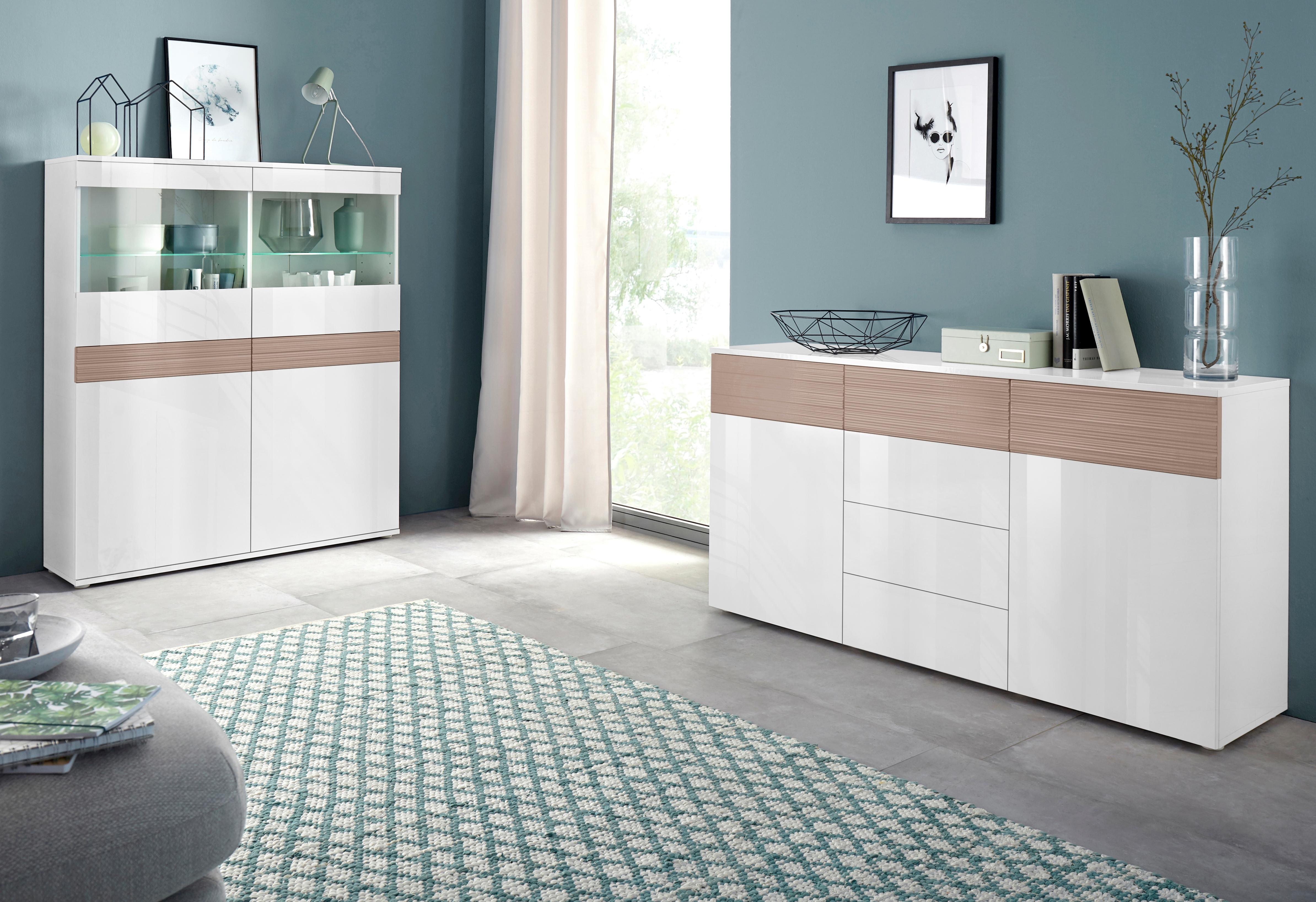 Vitrine BORCHARDT MÖBEL "Florenz", weiss (weiß hg, weiß hg, cappuccino riffeloptik hg mdf), Schränke, Vitrine, Höhe 125 cm weiß hg, weiß hg, cappuccino riffeloptik hg mdf Einheitsgröße