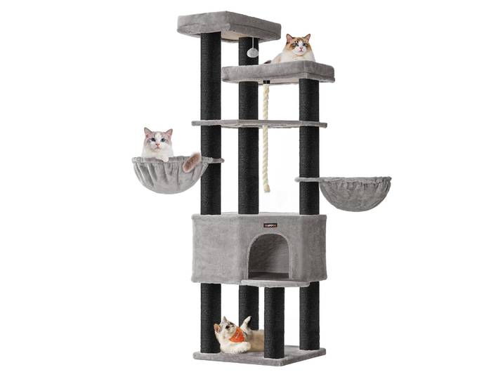 FEANDREA Kratzbaum 186 cm, Katzenbaum für große katzen, 13 dicken Säulen (11 cm d), stabil, Kippschutz, Tintenschwarz