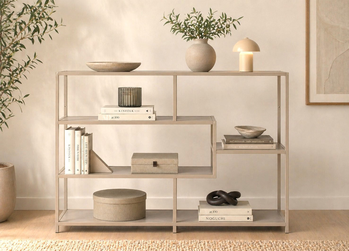 Bücherregal ACTONA GROUP "Seaford - Mehrzweckregal & Raumteiler, modern, Metall", beige (grau), B:114cm H:78cm T:35cm, Stahl, Regale, Bücherregal, Asymmetrisch, stabil & viel Stauraum, zeitloses Design, 6 Regalböden grau B/H/T: 114cm x 78cm x 35cm, offene
