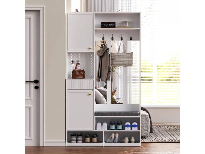 Ensemble de garde-robe ensemble complet de garde-robe de couloir avec banc 4 crochets portes et tiroirs - blanc 100×180×35cm