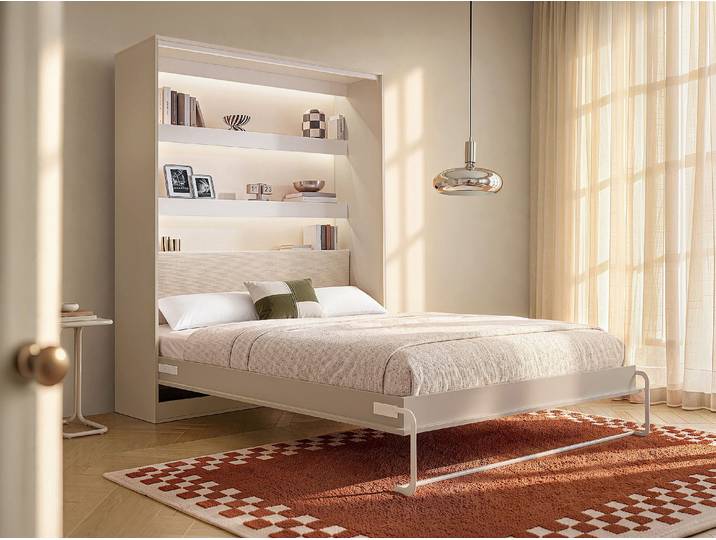 Schrankbett 140 x 200 cm mit Kopfteil aus Cordstoff - Vertikale Öffnung manuell - LED-Beleuchtung - Beige - RAPILI