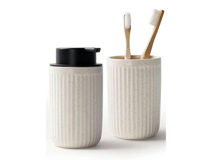 Seifenspender mit Zahnbürstenhalter Keramik Beige 350ml, 8x14x8 cm, Badaccessoires, Seifenspender