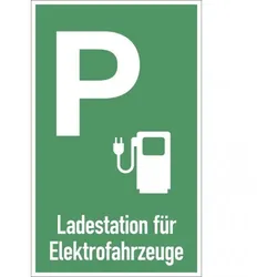 Dreifke® Parkplatzschild-Ladestation für Elektrofahrzeuge,Symbol+Text, Alu,grün,250x400mm