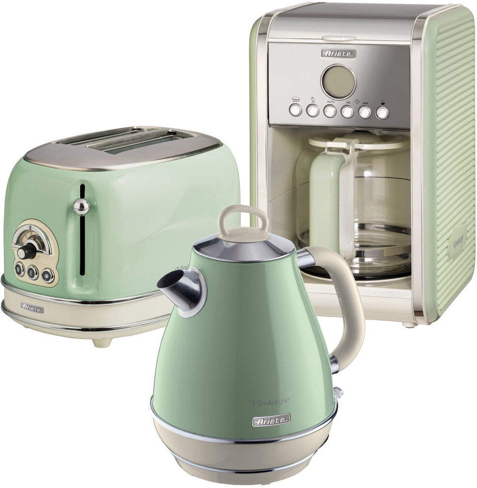 Ariete Vintage 1.7L Stainless Steel Jug Kettle with 2 Slice Toaster and 12 Cup Coffee Machine Set Green 1.7L