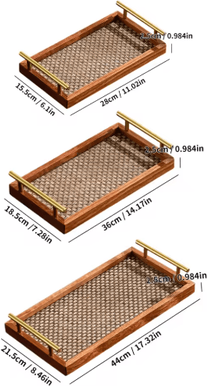 Inspire Picks Solid Wood Bohemian Serving Tray Rustic Decor With Gold Handles And Woven Bottom 17.3 sml