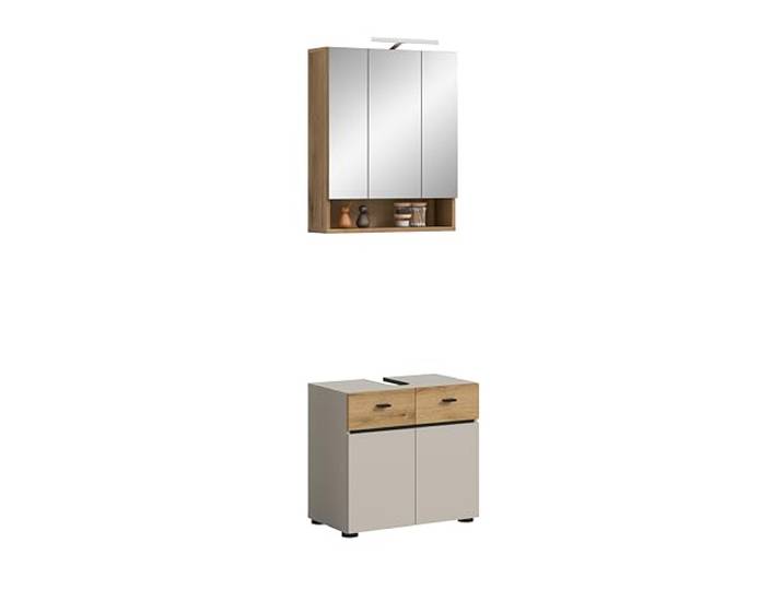 xonox.home – Badkombination inkl. Beleuchtung Aqua 60x191x35 cm in Kaschmir Melamin – 2-teiliges Set mit Spiegelschrank inkl. Leuchte – Kombi für effiziente Raumnutzung und perfekte Lichtverhältnisse