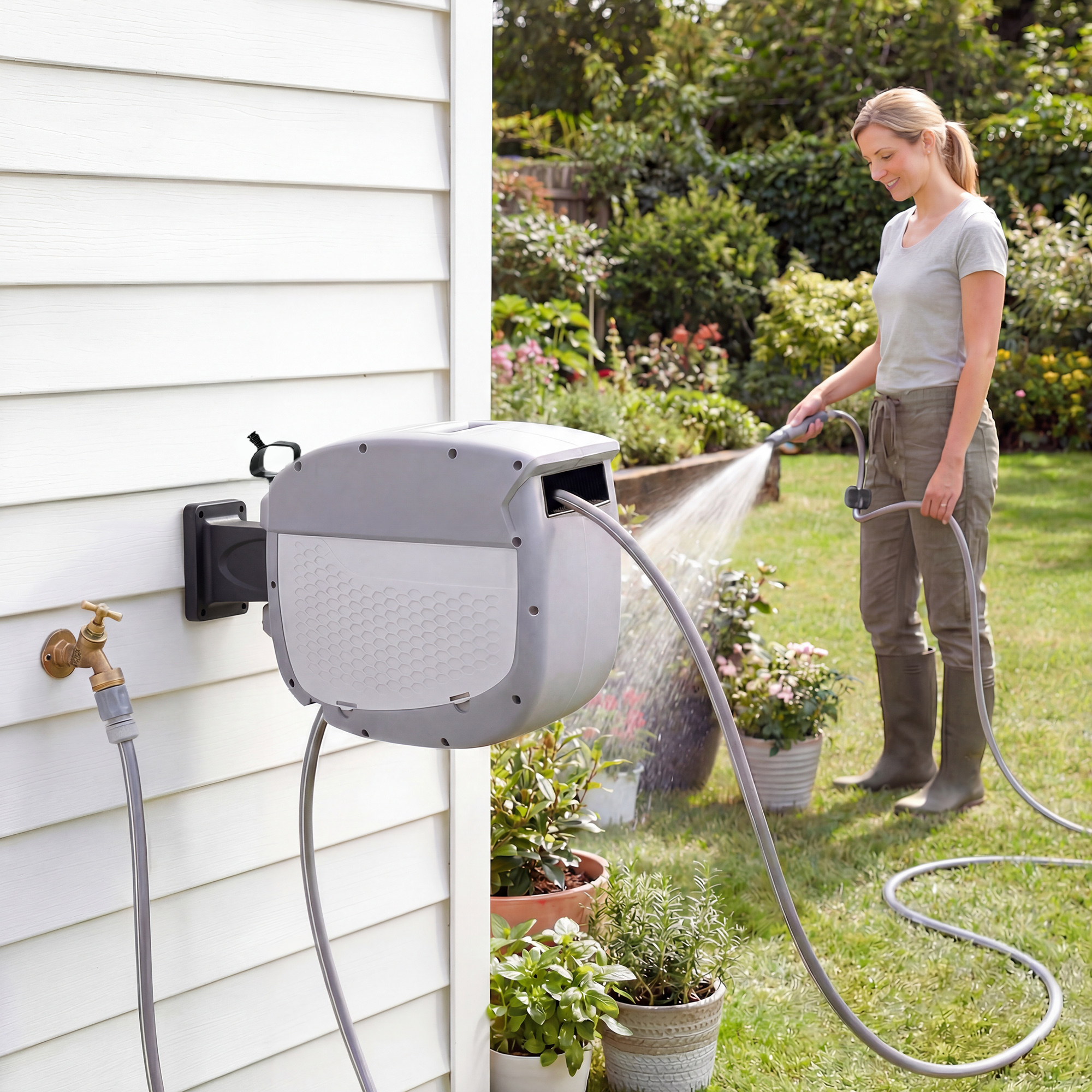 Outsunny Avvolgitubo con tubo da giardino 30 m, cassetta girevole 180° con riavvolgimento automatico e bloccaggio automatico   Aosom Italy