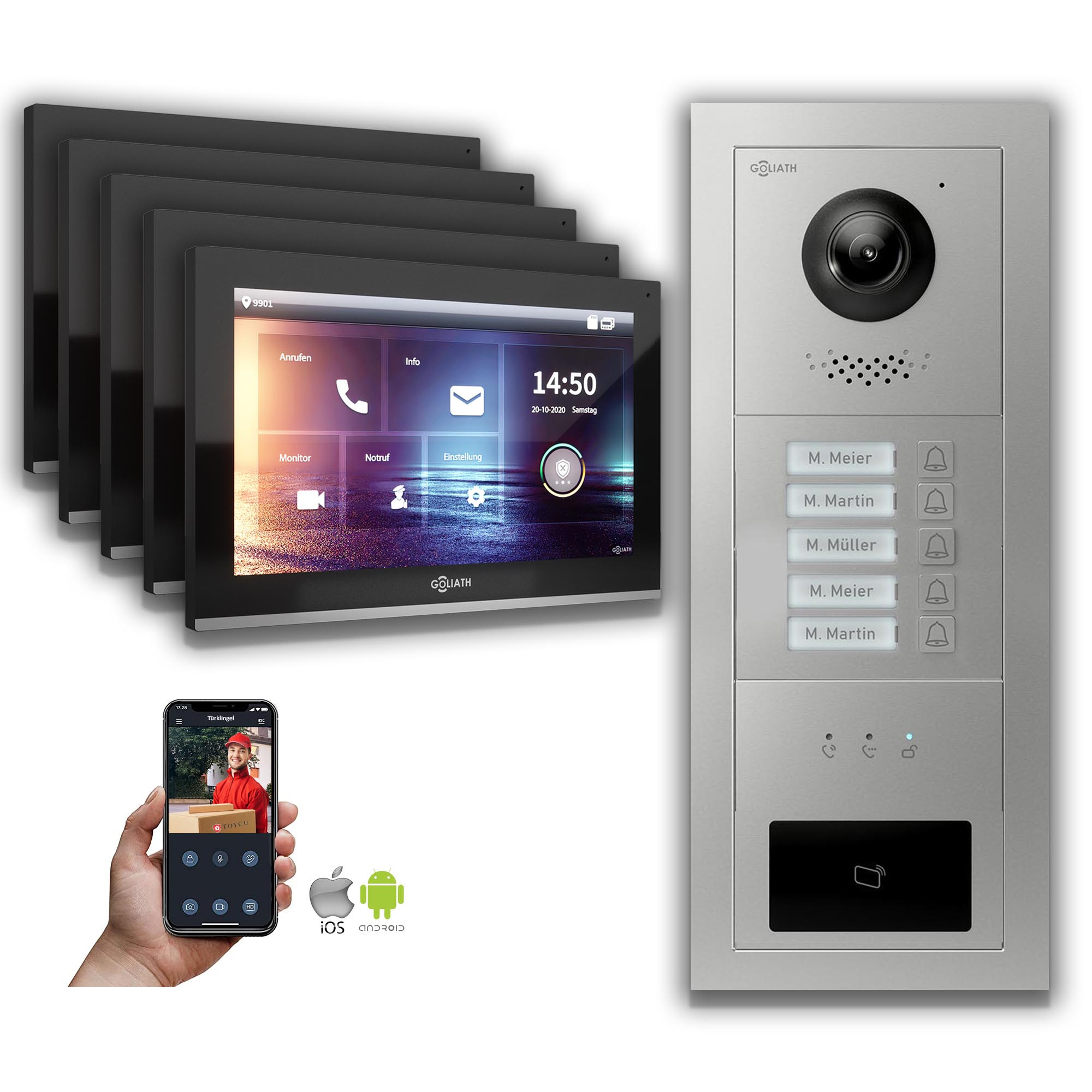Goliath IP Video Türsprechanlage: 10-Zoll 5 Familienhaus, RFID, Anzeige, Silber : 10 Zoll Schwarz : Unterputzdose Monitor Farbe: 10 Zoll Schwarz Montage: Unterputzdose