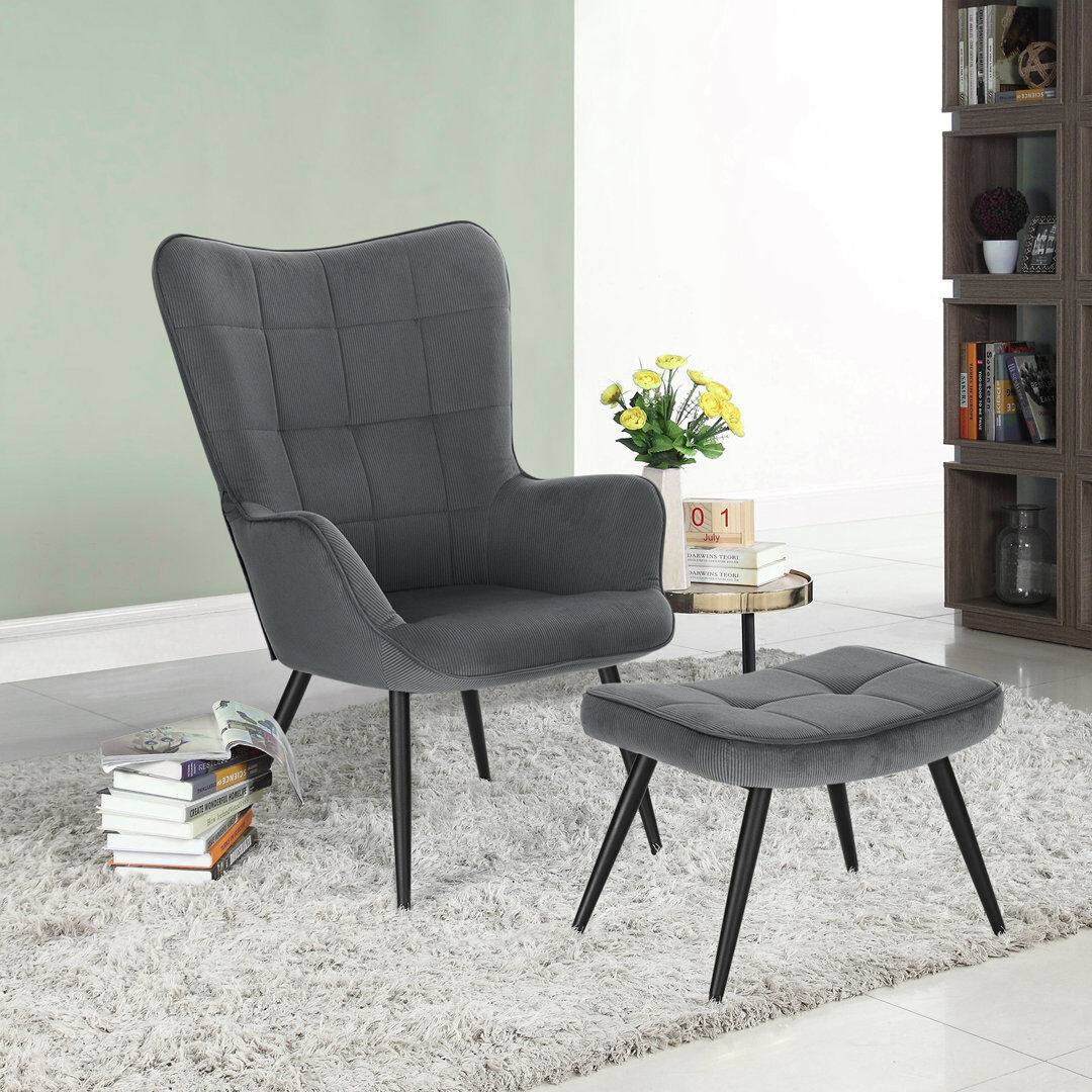 Hykkon Nevin Velvet Lounge Chair With Footstool Grey 99cm H X 69cm W X 69cm D