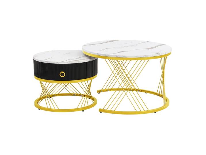 Lot de 2 tables gigognes blanches et dorées avec tiroir 70x70x45 cm
