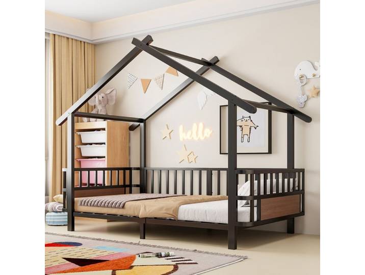 Lit enfant cabane 90 x 200 cm en métal noir avec garde-corps de sécurité semi-fermé et sommier à lattes