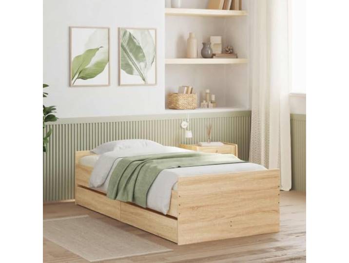 RJPLMFV Bettgestell Eiche Sonoma Holz Mit Kopfteil, rechteckige Plattform, fester Lattenboden, pflegeleicht