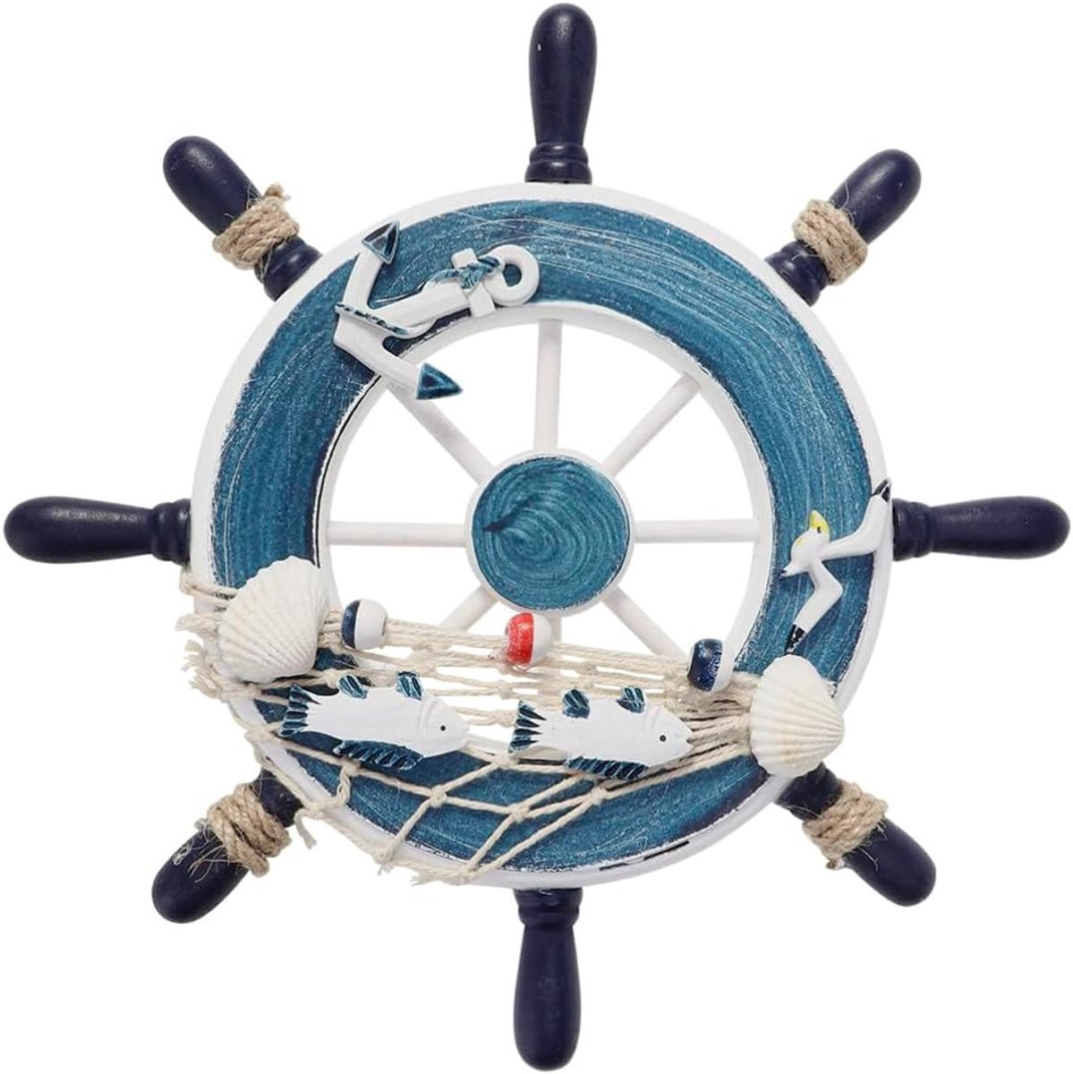 Aestm Wanddecoratie Maritiem Houten Stuurwiel met Visnet voor in de Tuin of Woonkamer