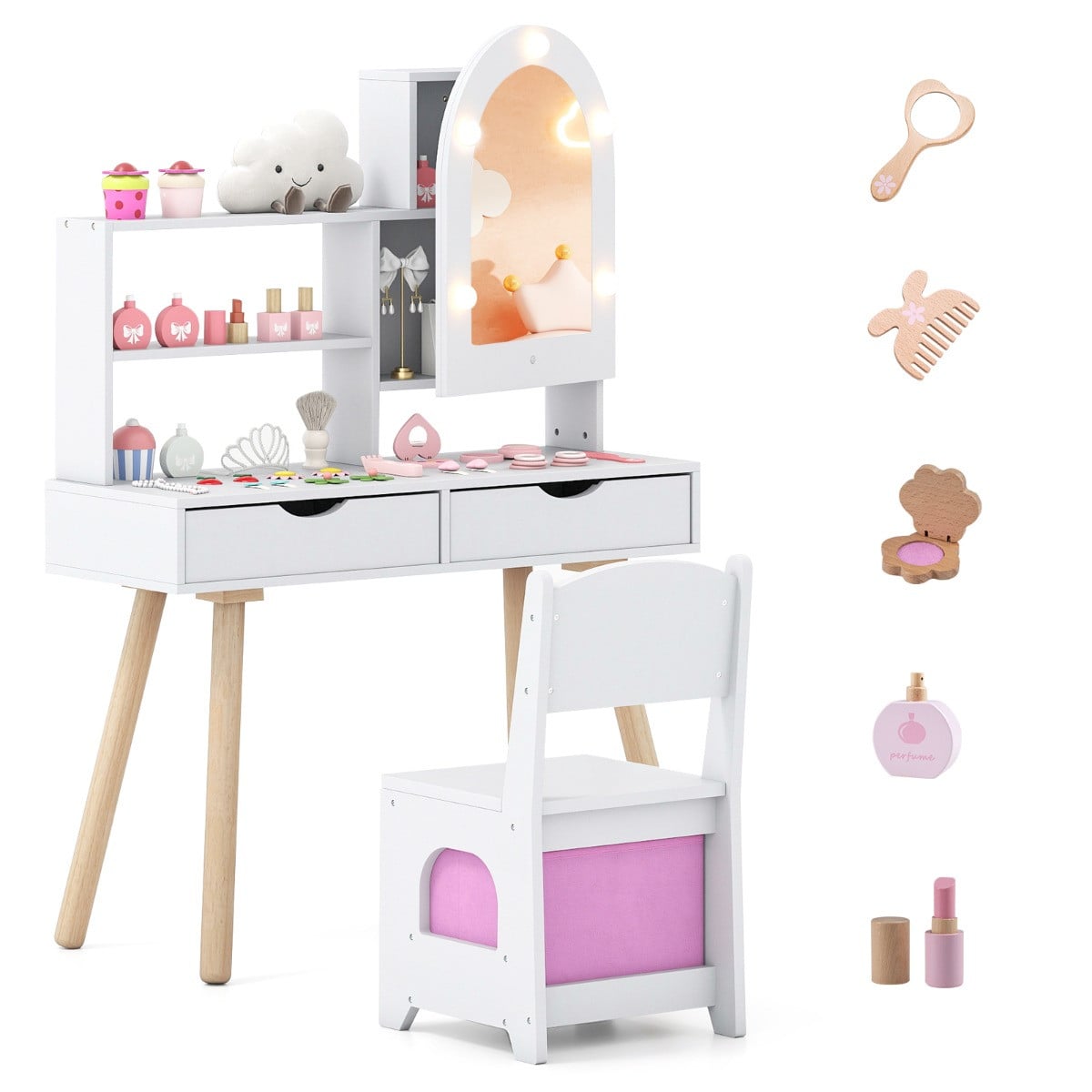 Costway Kinderkaptafel en Stoelset met Spiegel - Wit