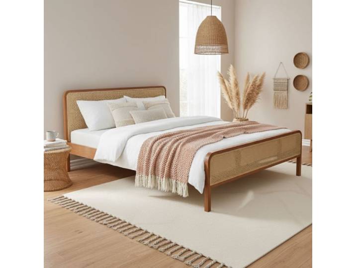 Lit 160x200 cannage marron avec tête de lit Terre de nuit ANNA - Marron noisette - Terre de Nuit