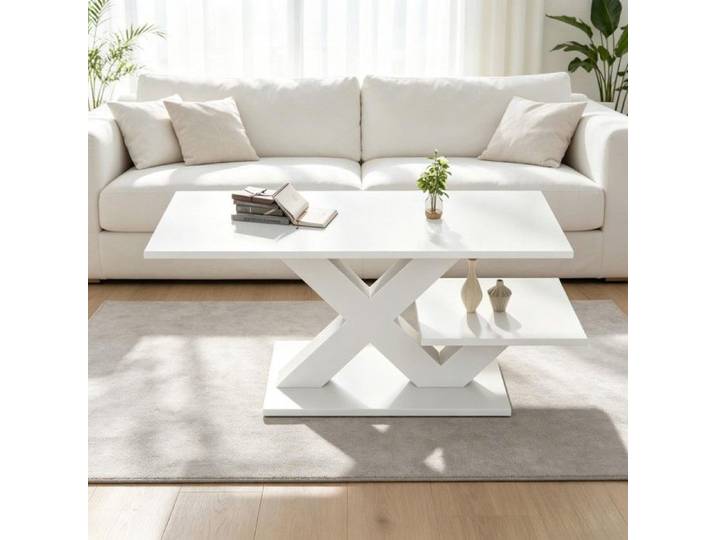 Table basse blanche double plateau MDF laqué brillant pieds X table salon console dimensions 100x48x45cm