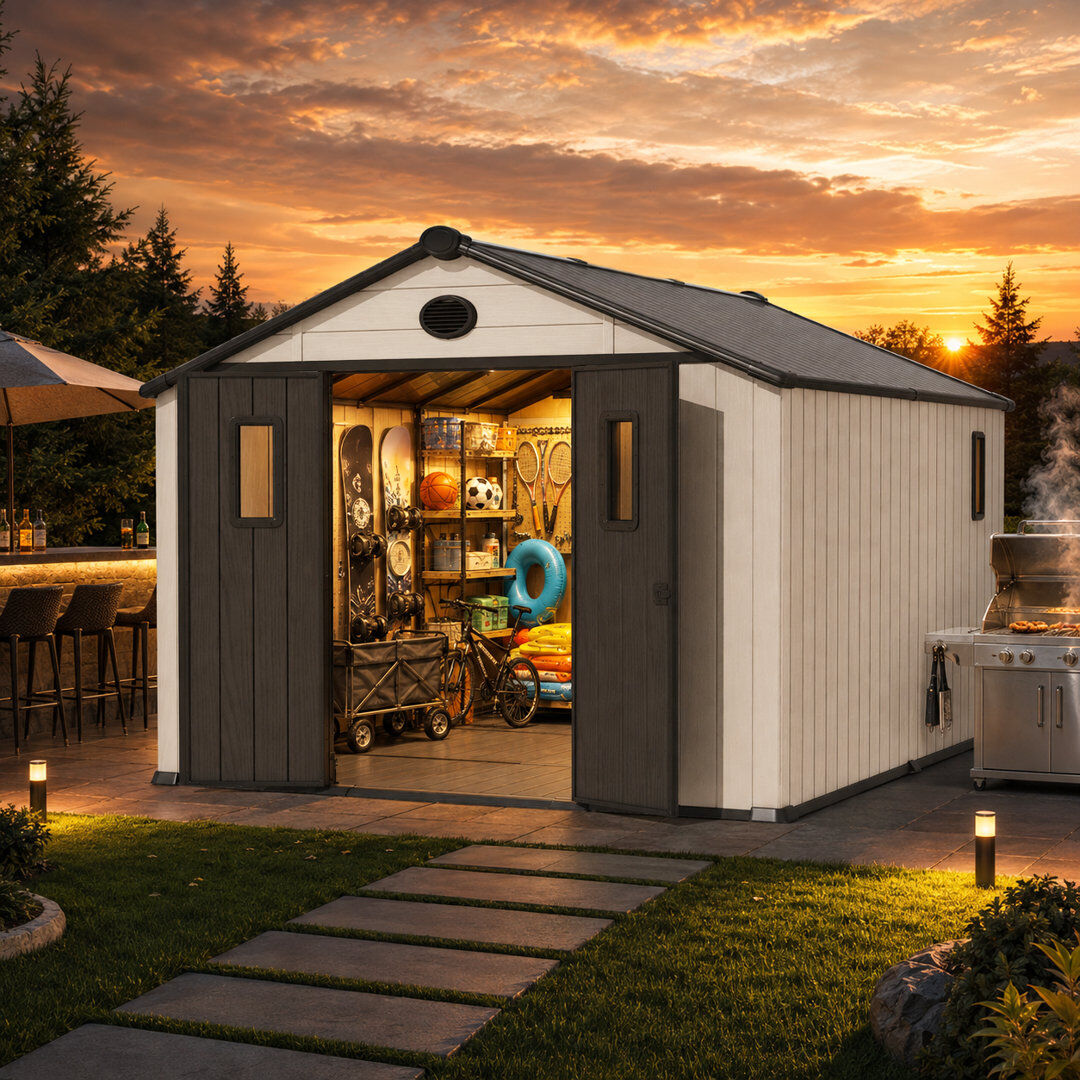EROMMY Resin Outdoor Storage Shed With Floor And Windows, Weather-resistant Plastic Storage Shed With Reinforced Steel Structure, Easy to Assemble Grey 301.2cm W x 241cm D
