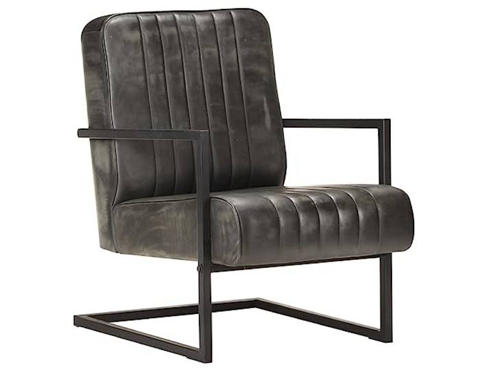 Tmriohed Freischwinger Sessel Echtleder TV Stuhl Grau Metallgestell Bequemer Polstersessel mit freitragendem Eisengestell für Wohnzimmer und Lounge, mit grauem Lederbezug.